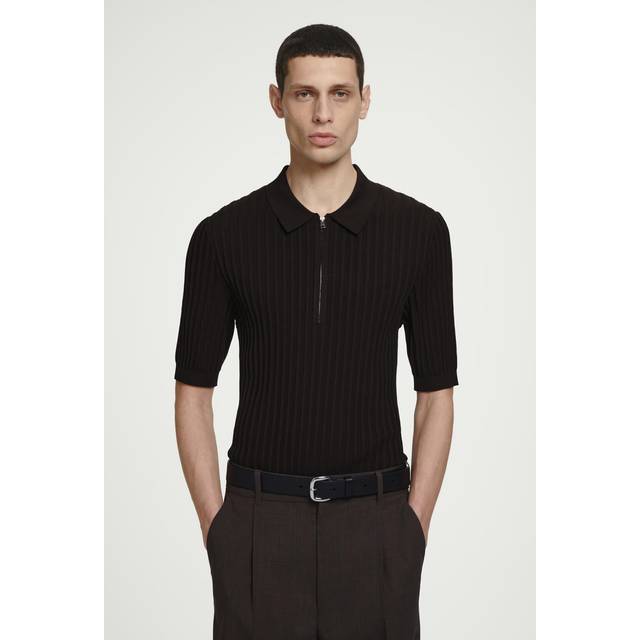 Silk-Cotton Zip-Up Polo Shirt in Brown