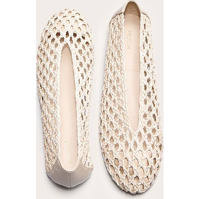 Cream Pu Round Toe Woven Ballet Flats, White - 3