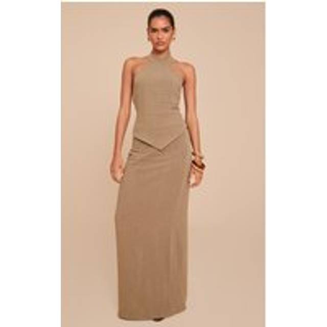 Khaki Textured Floaty Mid Rise Maxi Skirt, Green - 16
