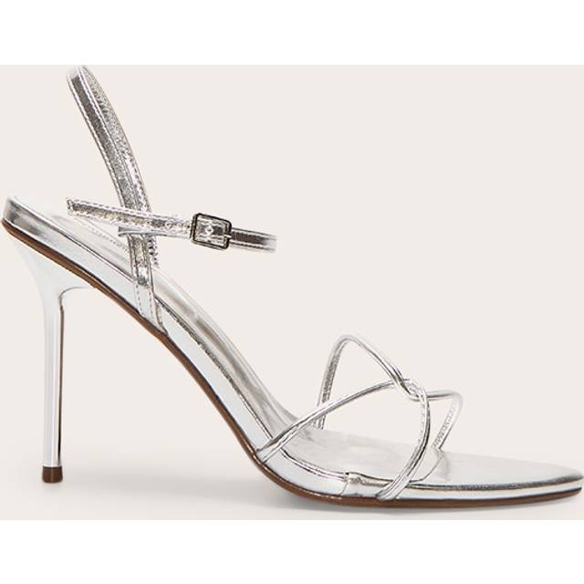Silver Pu Point Toe Thin Strappy High Stiletto Heeled Sandals, Grey - 7