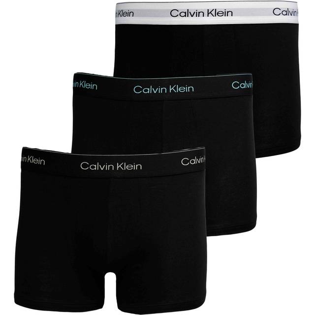 Calvin Klein Men's 3-Pack Icon Cotton Stretch Boxer Briefs, Black With Waistbands in White/Blue/Leafy Fun - Size: 37/36/32