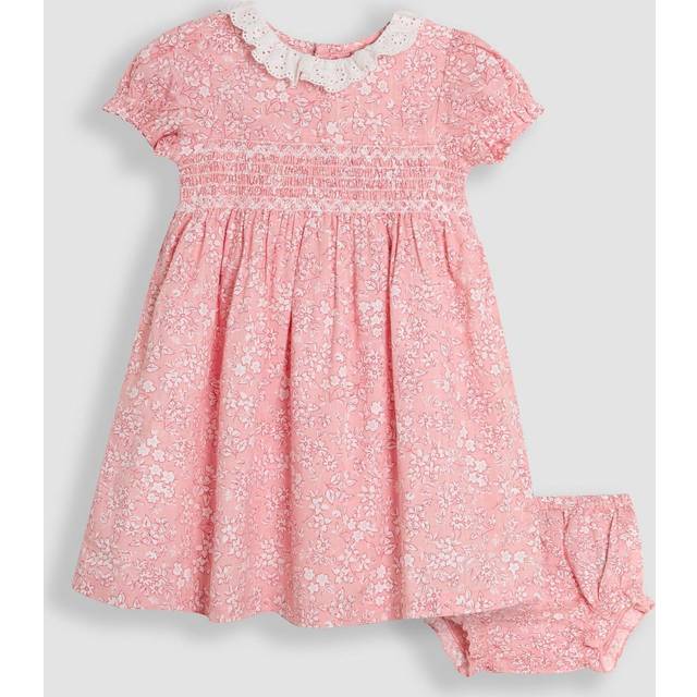 JoJo Maman Bébé Kids' Frill Collar Floral Smocked Woven Dress & Bloomer Set, Pink