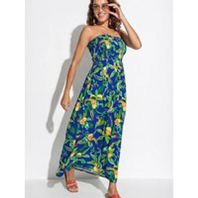 Pour Moi Strapless Shirred Bodice Maxi Beach Dress, Blue Tropical