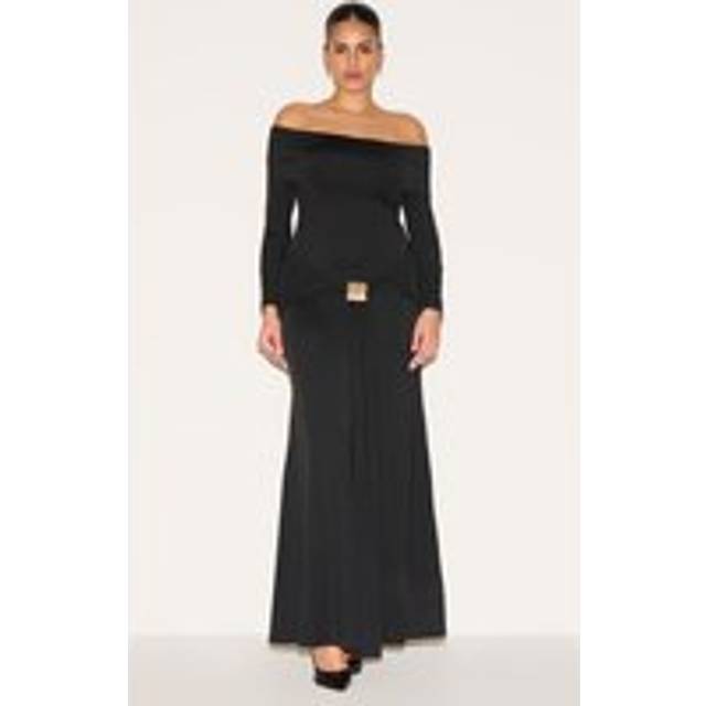 Plus Black Bardot Long Sleeve Trim Drape Detail Maxi Dress, Black - 30