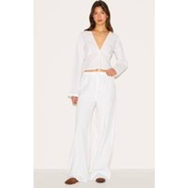 White Wide Leg Drawstring Trousers, White - 12