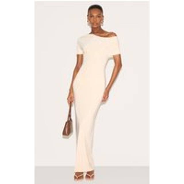 Butter Yellow Double Layer Slinky Asymmetric Ruched Sleeve Maxi Dress, Butter Yellow - 10