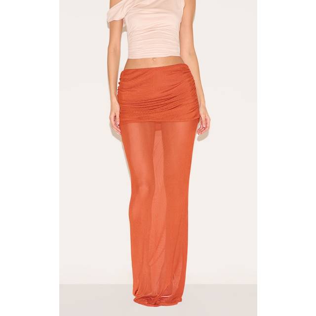 Burnt Orange Mesh Overlay Maxi Skirt, Orange - 4