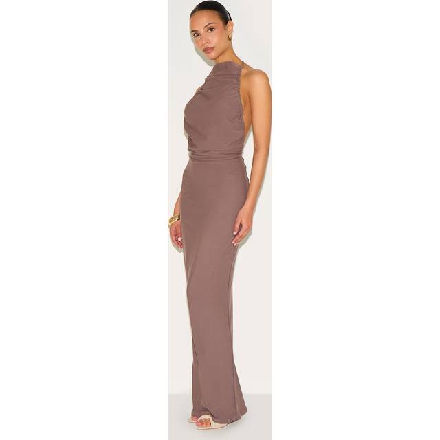 Petite Taupe Backless Halterneck Maxi Dress, Brown - L