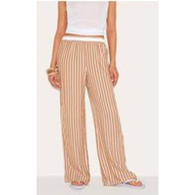 Petite Taupe Striped Wide Leg Linen Trousers, Brown - 8