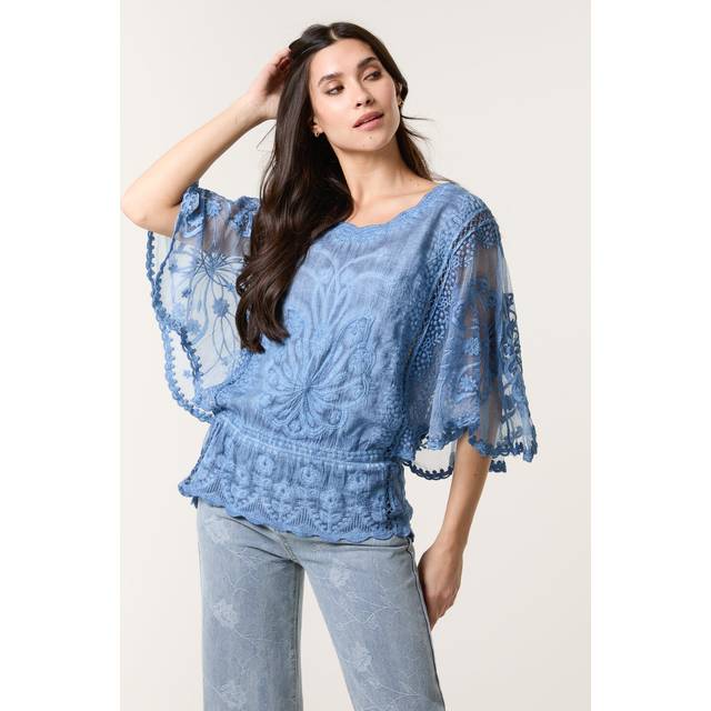 Floral Lace Butterfly Sleeve Blouse - S/M / DENIM
