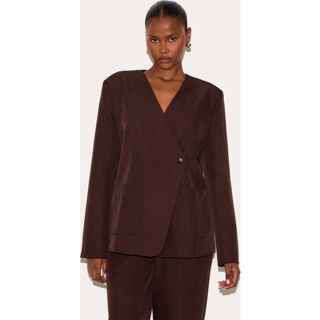 Dark Brown Tailored Woven Asymmetric Blazer, Dark Brown - 4