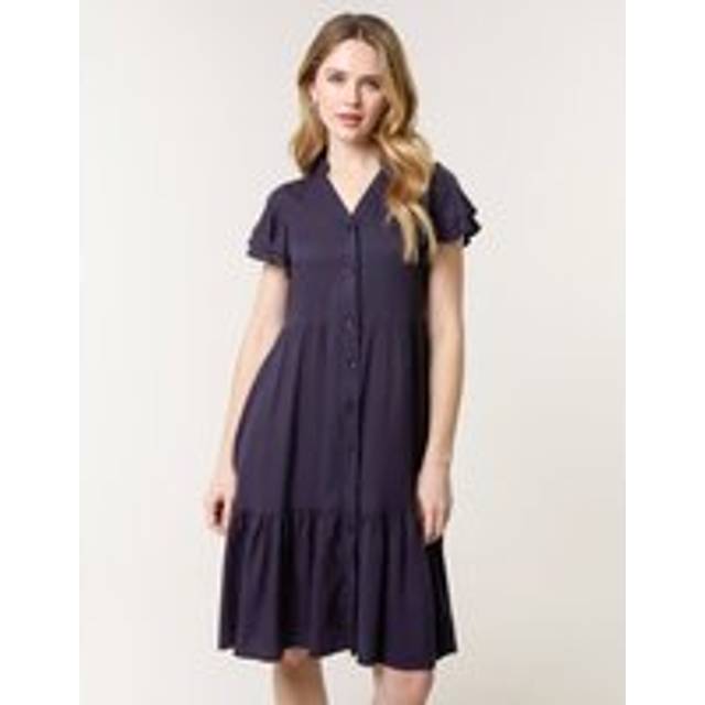 Blue Vanilla Navy Angel Sleeve Button Front Midi Dress