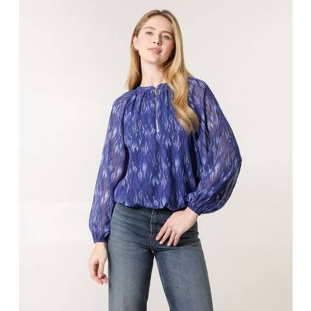 Blue Vanilla Navy Half Zip Puffball Blouse