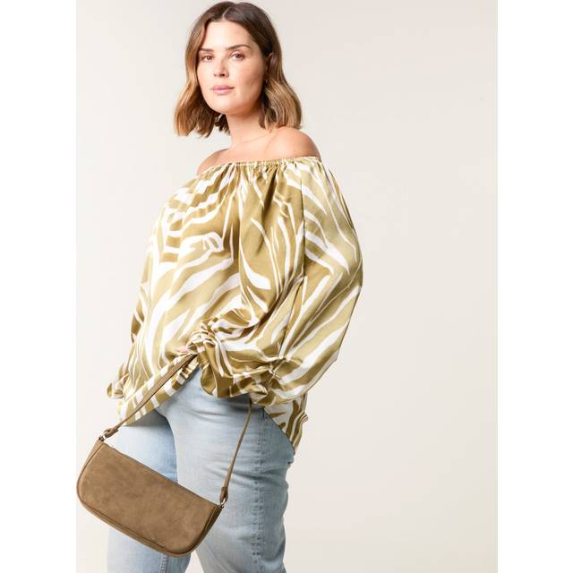 Curve Zebra Satin Ruched Bardot Top - 22/24 / KHAKI