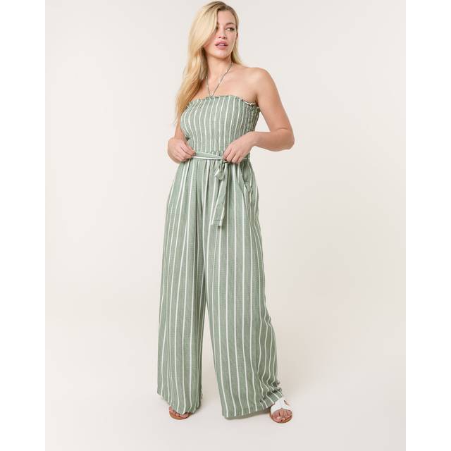 Blue Vanilla Light Khaki Shirred Tie Neck Jumpsuit - l/xl