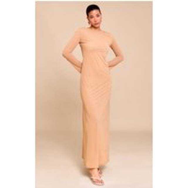 Camel Chiffon Boat Neck Long Sleeve Maxi Dress, Camel - 16