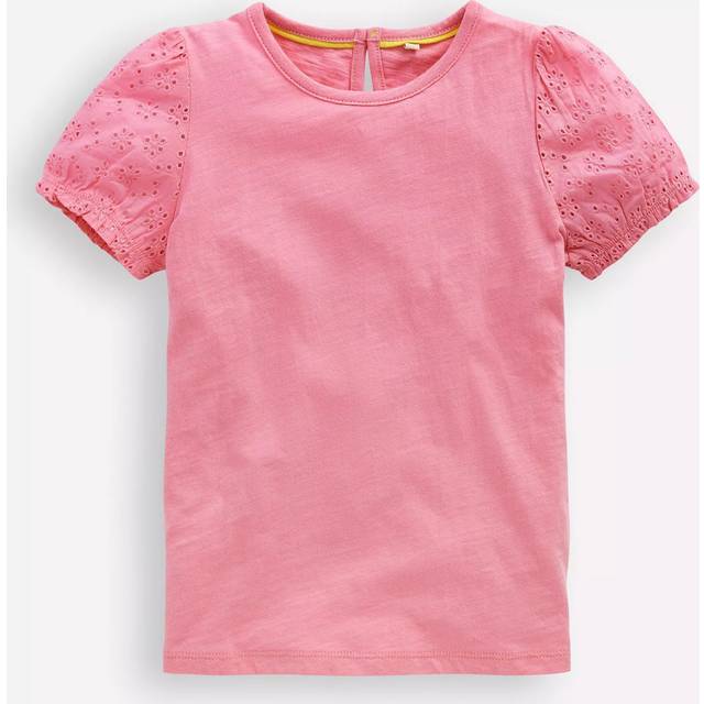 Mini Boden Kids' Broderie Cotton Blend T-Shirt, Bubblegum Pink