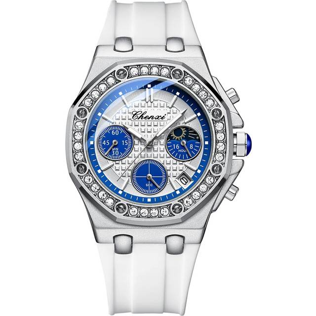 Moon Phase Chronograph Women Diamond Date Waterproof Wristwatch