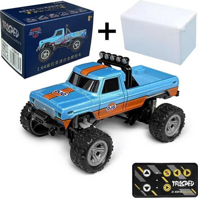 (Blue-orange) RC Off-Road Monster Truck 1/64 Remote Control Mini Climbing Car, Alloy Material, 2.4G Remote Control