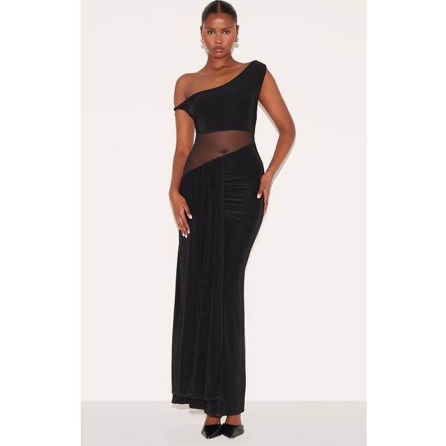 Black Slinky Asymmetric Mesh Cut Out Maxi Dress, Black - 10