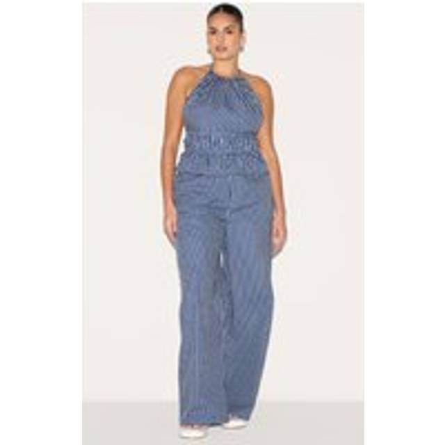 Plus Indigo Stripe Woven Mid Rise Wide Leg Trouser, Indigo - 30