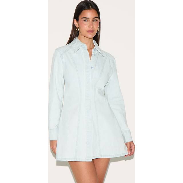 Ice Blue Long Sleeve Cinched Waist Denim Shirt Dress, Blue - 8