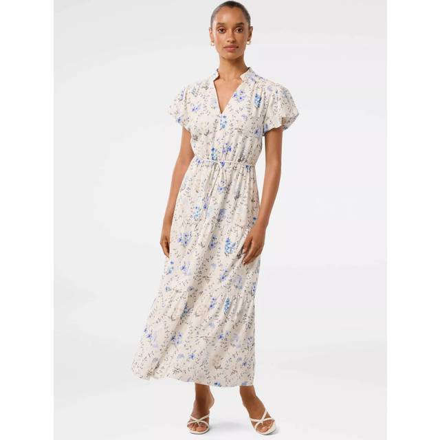 Forever New Petite Jacqueline Puff Sleeve Tiered Midi Dress, Blue/Multi