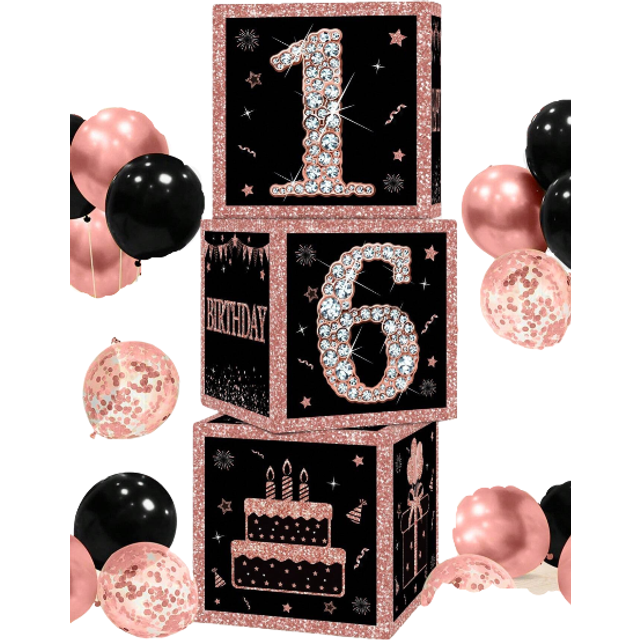 SHEIN 3pcs/Set 27cm 16th Rose Gold Birthday Surprise Box, 16th Birthday Party Room Background Decoration, Photo Props, Birthday Gift,Christmas