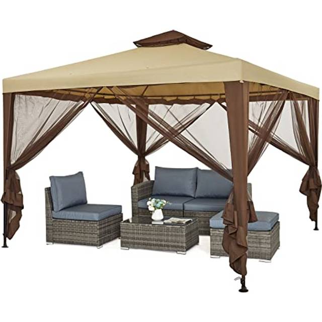 Mondeer Garden Gazebo 3x3m, Heavy Duty Outdoor Patio Pavilion with Double Tier Roof and Netting Sidewalls, Metal Frame, Luxury Modern Style, Khaki