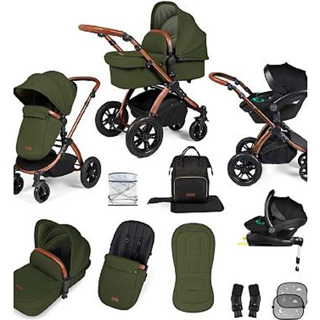 Ickle Bubba Stomp Luxe Bronze Frame Travel System with Stratus i-Size Car Seat & Isofix Base - Woodland/Tan