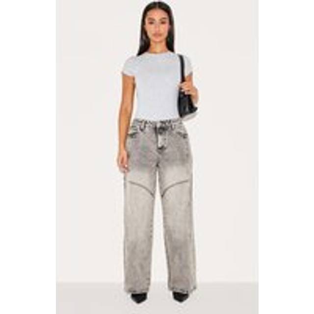 Petite Grey Denim Seam Detailed Wide Leg Jeans, Grey - 4