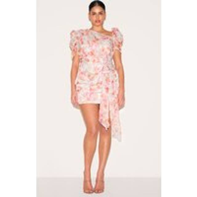 Plus Pink Chiffon Floral Print One Shoulder Draped Bodycon Dress, Pink - 22