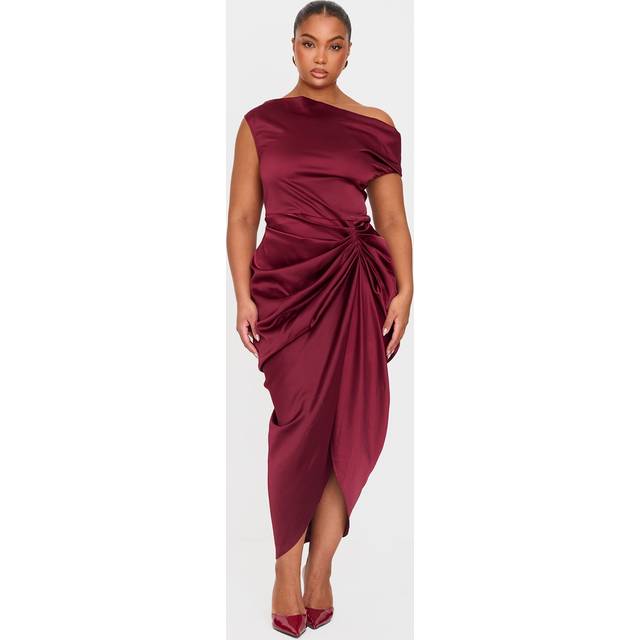 Plus Burgundy Satin Off The Shoulder Draped Skirt Midi Dress, Red - 30