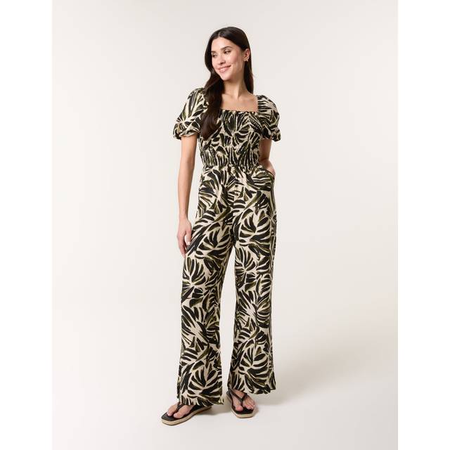 Blue Vanilla Khaki Palm Print Jumpsuit - m/l