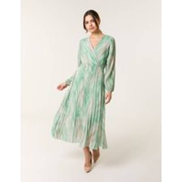 Watercolour Printed Wrap Pleated Midi Dress - M/L / GREEN