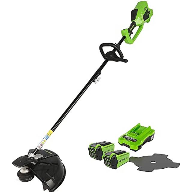 Greenworks GD40BCK2X Batteridriven Röjsåg / Grästrimmer med Borstlös Motor, Sele, Justerbar Höjd, 40 cm Skärbredd, 2 mm Trimmertråd eller 25 cm Blad, 2 x 40V Batteri Och Laddare, 3 Års Garanti