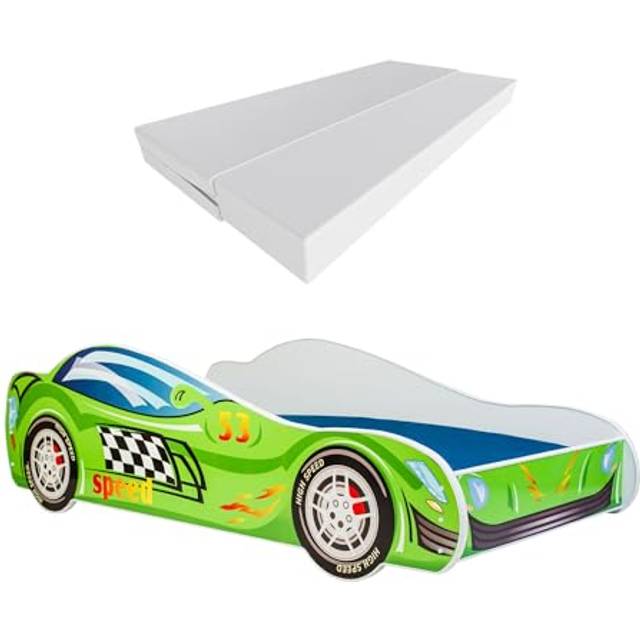 KOBI Bilsäng för barn | hastighetsbil | 70 x 160 cm | flerfärgad | Speed Race-biltema | barn pojke flicka | med sängunderlag och madrass | hydda med barriär