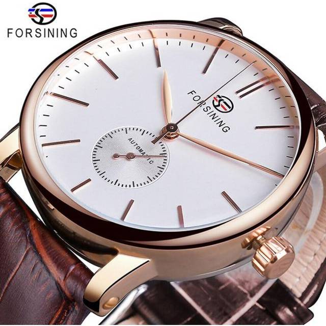(rose gold) Forsining Minimalist Men&apos;s Mechanical Watch Slim Dial Automatic Casual Clock Male Wristwatch Relogio - Gold