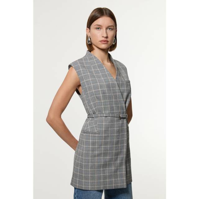 Grey Check Tailored Collarless Belted Sleeveless Blazer - Grey