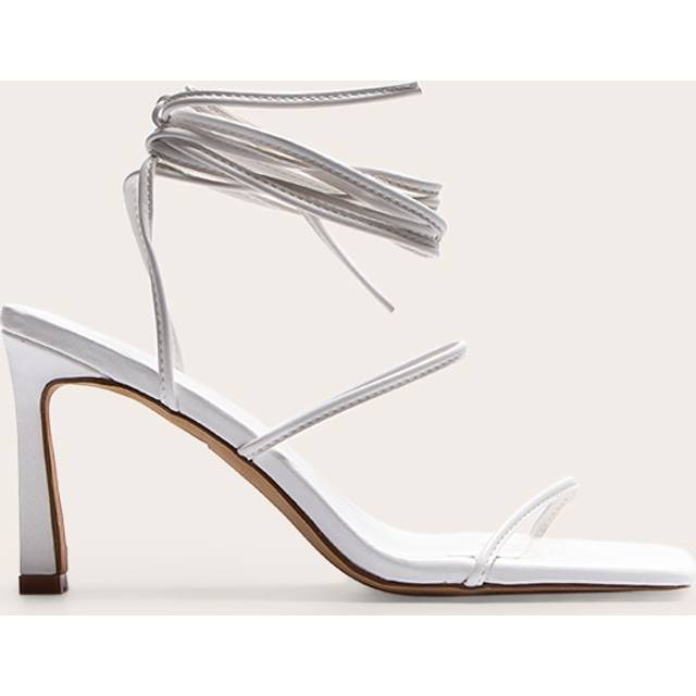 White Pu Square Toe Strappy Lace Up Mid Stiletto Heeled Sandals, White - 5