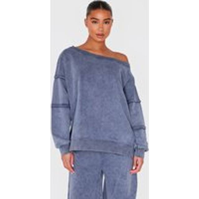 Blue Grey Washed Off The Shoulder Frayed Seam Detail Sweatshirt, Blue Grey - M