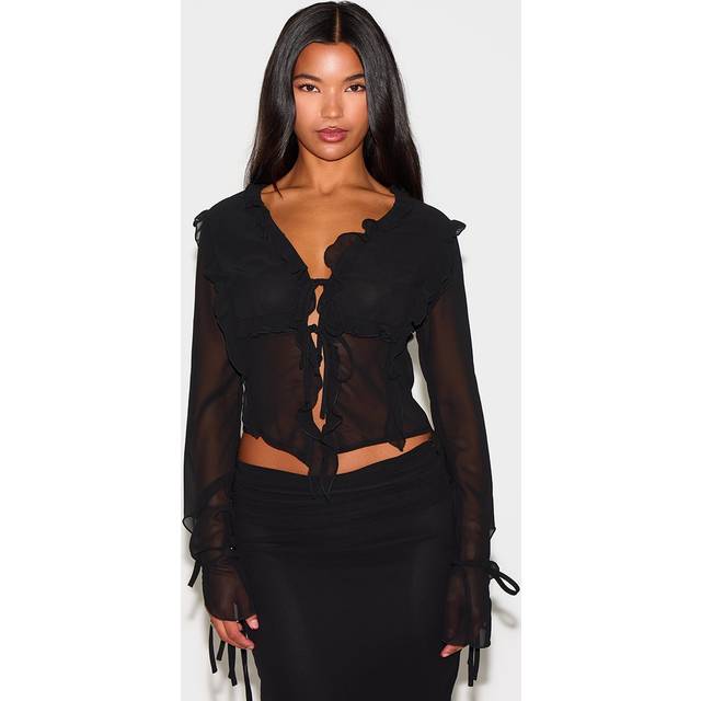 Black Chiffon Ruffle Tie Front Blouse, Black - 16