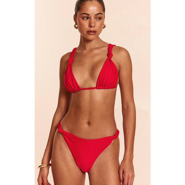 Red Ruched Knot Detail Tanga Bikini Bottoms, Red - 4