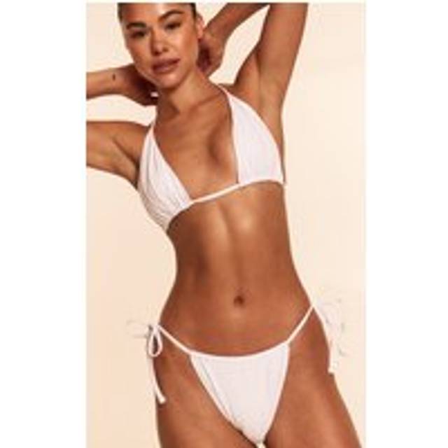 White Ruched Tie Front Triangle Bikini Top, White - 8