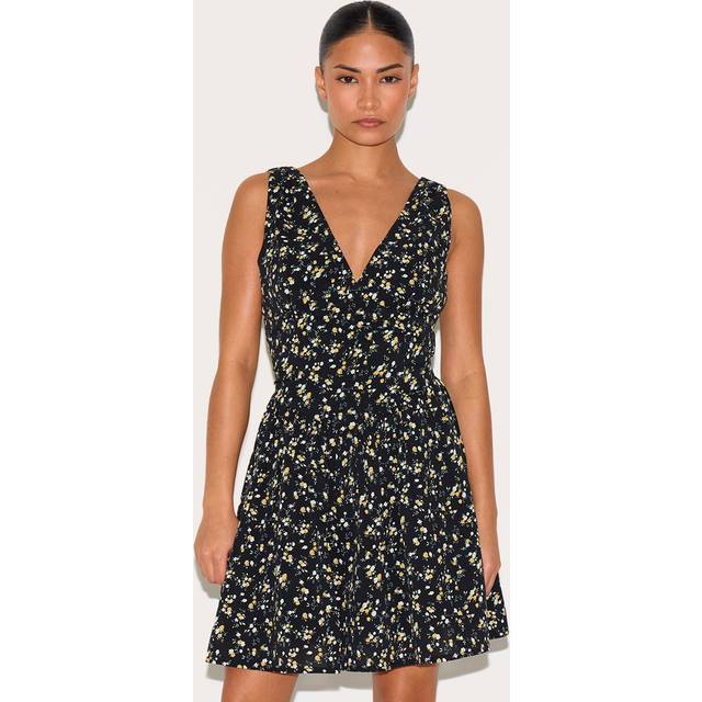 Petite Black Floral Detail Mini Shift Dress, Black - 6