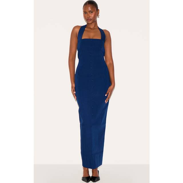 Navy Woven Halter Button Maxi Dress, Blue - 10