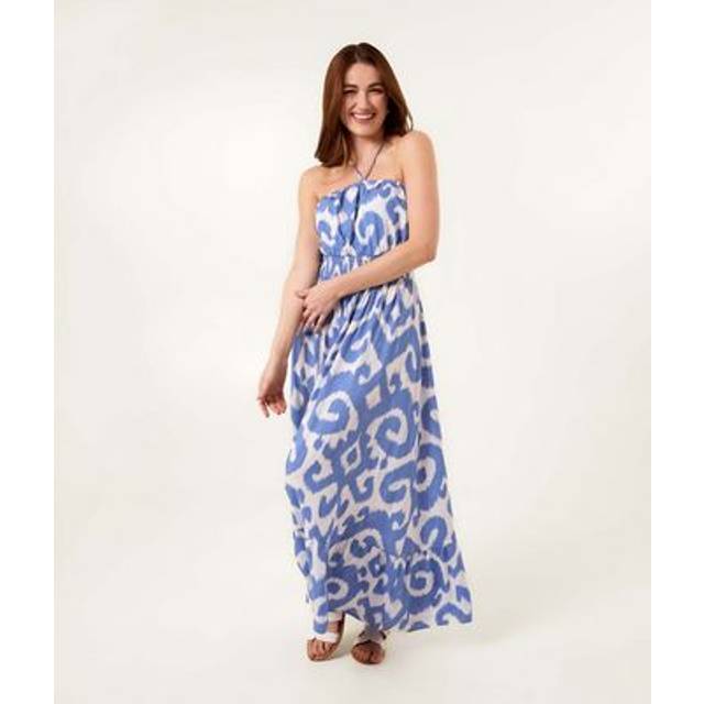 Blue Vanilla Light Blue Bandeau Printed Shirred Waist Maxi Dress - m