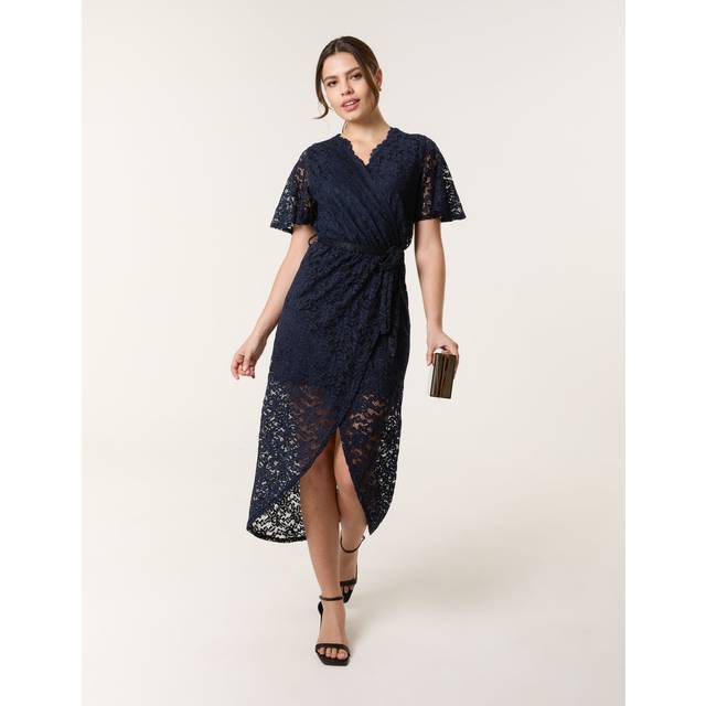 Blue vanilla womens lace wrap over midi dress