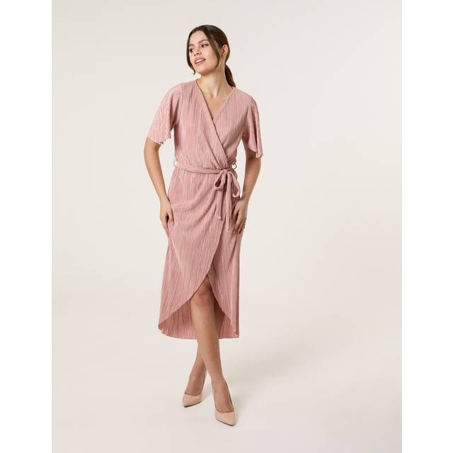 Blue Vanilla Dusty Pink Plisse Wrap Over Midi Dress - 16
