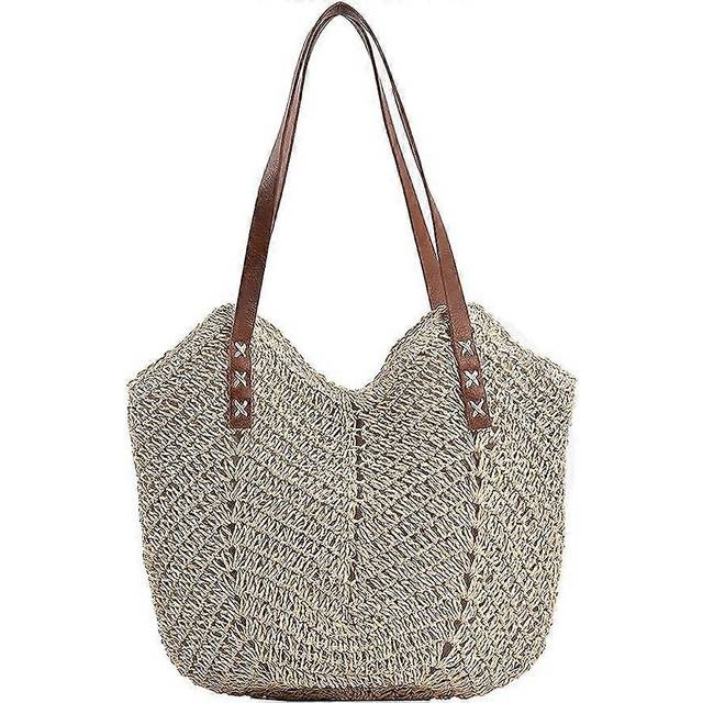 (As show, One size) Straw Bag for Women Summer Beach Bag Soft Woven Tote Bag Large Rattan Shoulder Bag for Vacation off white